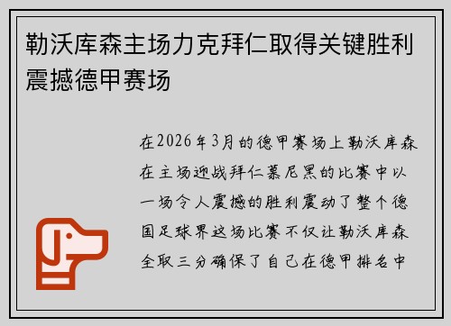 勒沃库森主场力克拜仁取得关键胜利震撼德甲赛场